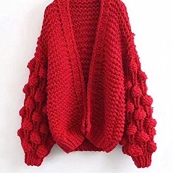 🆕ONE SIZE CHERRY RED POM POM BALLON SLEEVE OPEN FRONT CARDIGAN SWEATER JACKET - Picture 4 of 5